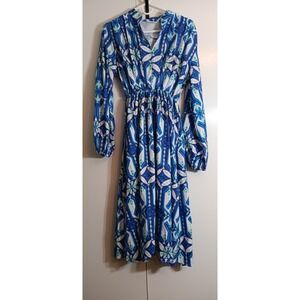 Sunday Up Womens Dress Medium Blue Green Geometric Maxi Boho Cottagecore  Modest